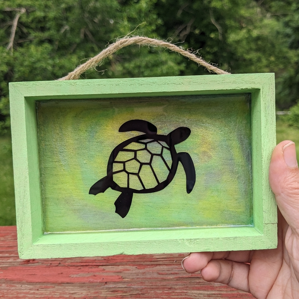 Turtle Wall Hanging Resin Handmade Green Art Wood Shadowbox Canvas Turtles - Picture 3 of 8